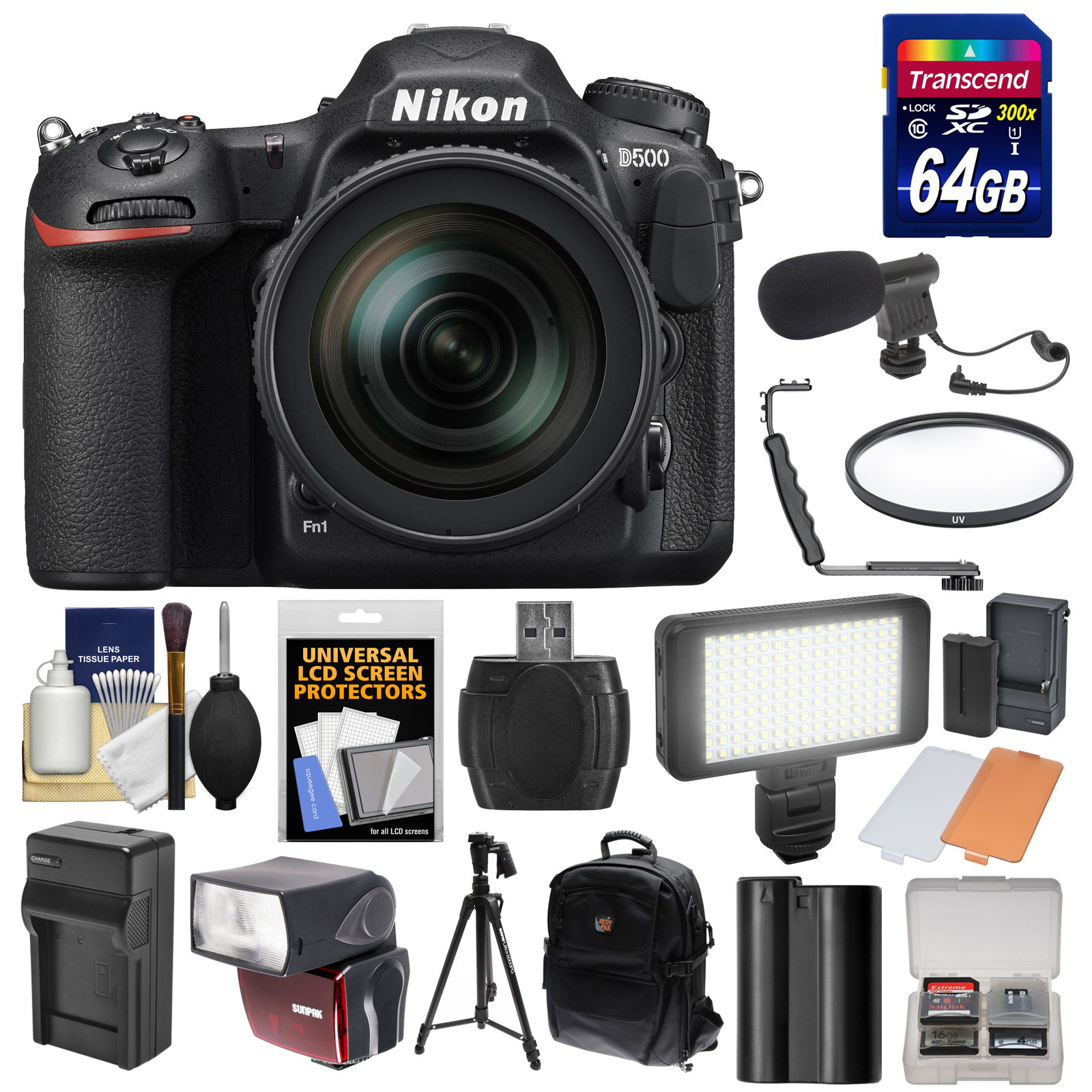 Nikon D500 Wi-Fi 4K Digital SLR Camera & 16-80mm VR Lens with 64GB Card + Backpack + Flash + LED Light + Mic + Battery & Charger + Tripod + Kit - image 1 of 7