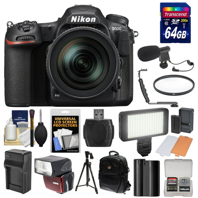 Nikon D500 Wi-Fi 4K Digital SLR Camera & 16-80mm VR Lens with 64GB Card + Backpack + Flash + LED Light + Mic + Battery & Charger + Tripod + Kit