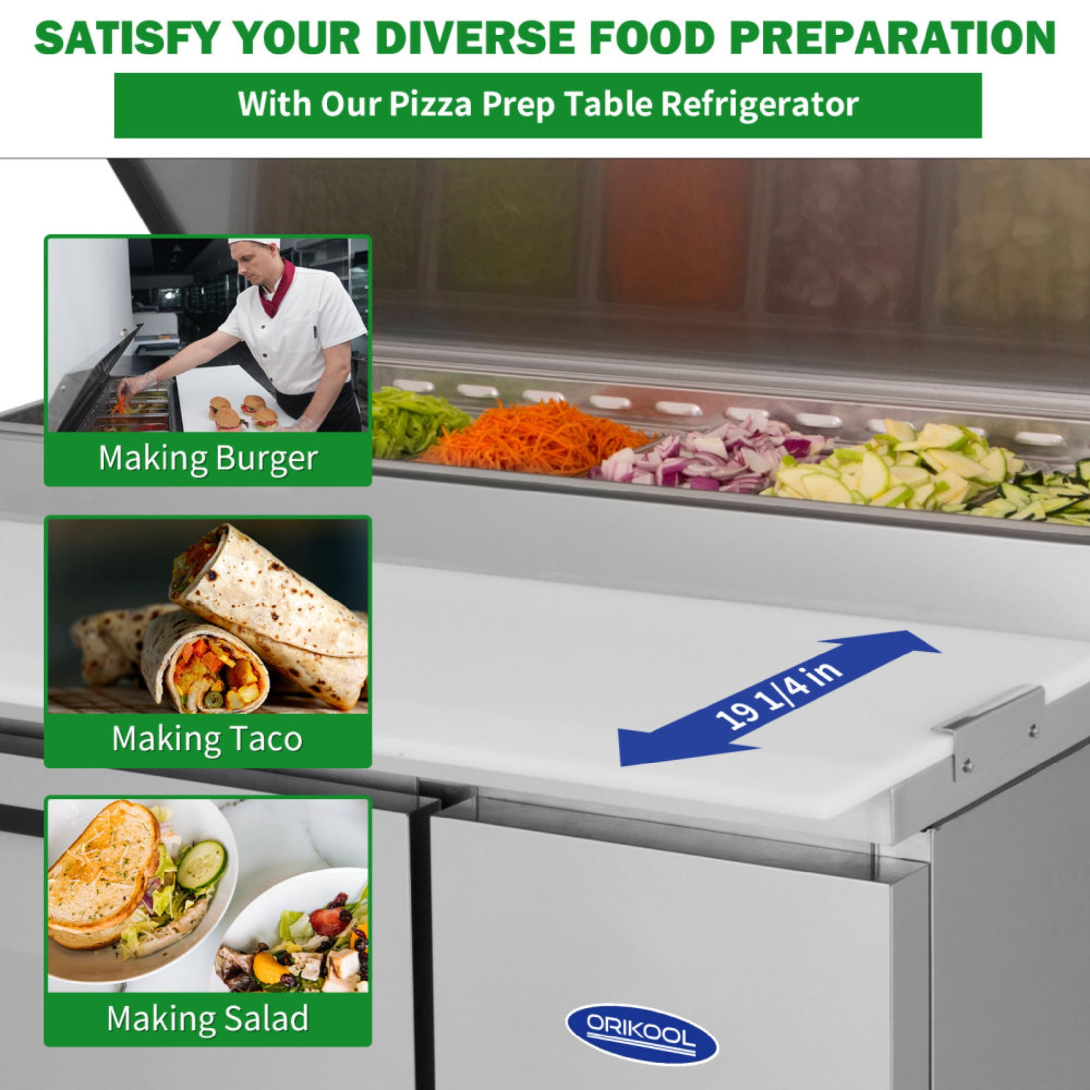 Orikool 44 IN Commercial Pizza Prep Table with a Built-in Refrigerator 11 Cu.Ft, Butcher Block Cutting Board, Protection Lid, Cold Storage, and Smooth-Rolling Casters, ETL Certified (LTL carry)