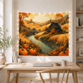 thumbnail image 5 of Pumpkins on Riverbank with Rustic House and Rolling Hills, Nostalgic Illustration for Nature Lovers, Autumn Wall Art, Thanksgiving Gift, Tapestry Wall Hanging for Bedroom and Dorm, 5 of 7
