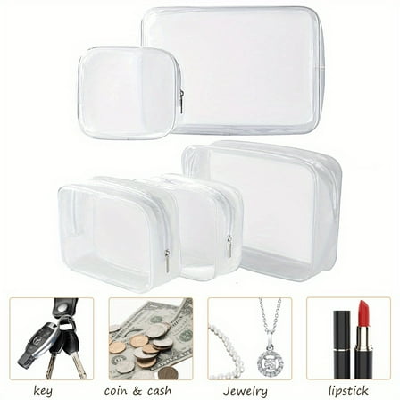 Clear Toiletry Bags 5 Pack TSA Approved - Plastic Zippered Cosmetic Pouches, Travel Makeup Organizer for Vacation & Bathroom (Mixed Size, White)