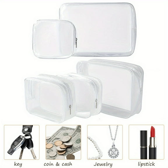 Clear Toiletry Bags 5 Pack TSA Approved - Plastic Zippered Cosmetic Pouches, Travel Makeup Organizer for Vacation & Bathroom (Mixed Size, White)