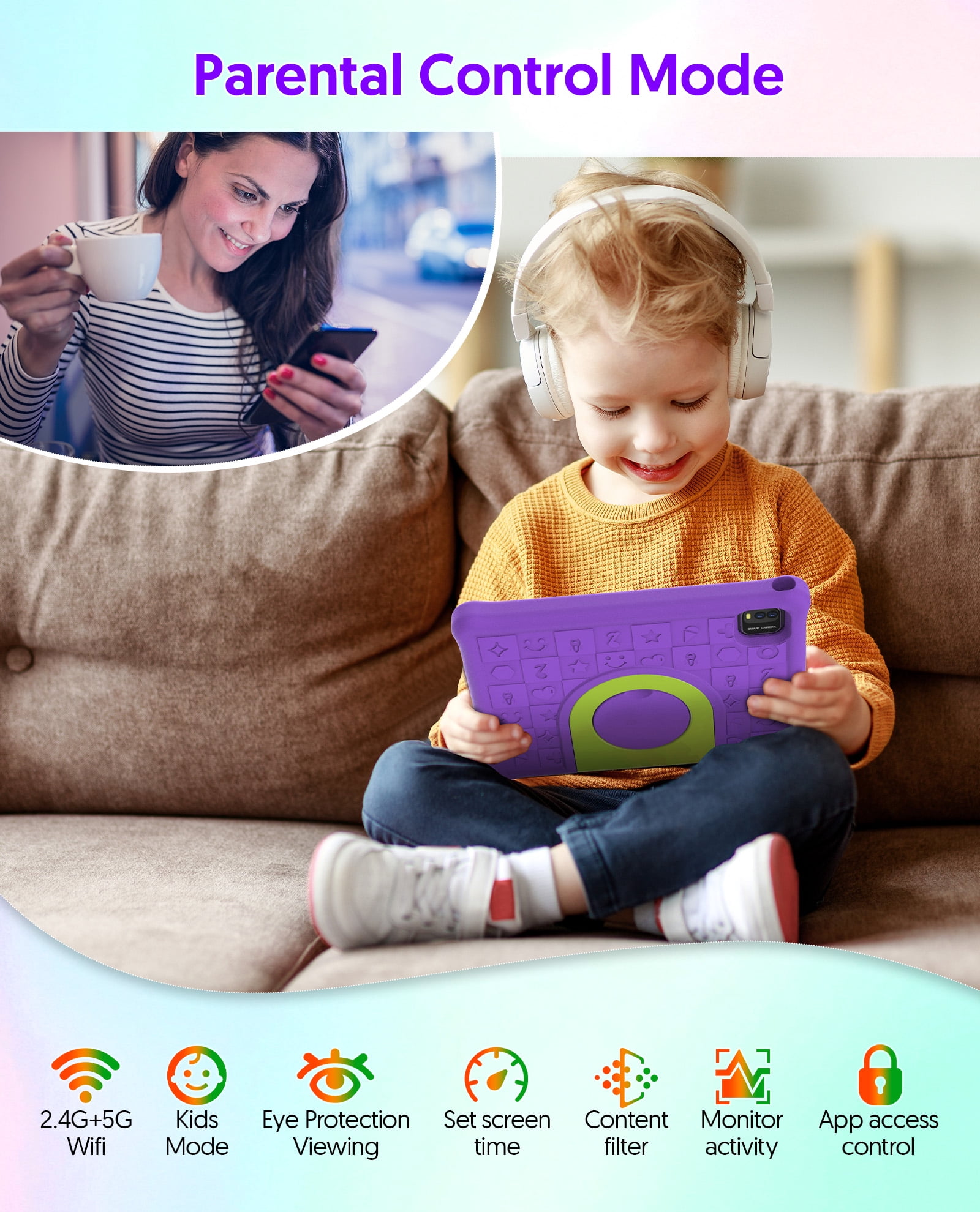 FITIFUN 10.1 inch Kids Tablet Android 15, 3GB RAM 64GB ROM 1TB Expand, Quad-Core, 5G/2.4G WiFi, 6000mAh, HD Display, Parental Control, Purple
