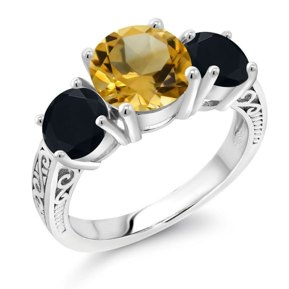 Gem Stone King 925 Sterling Silver Yellow Citrine and Black Onyx 3-Stone Women Ring (3.10 Ct Round, Size 5)