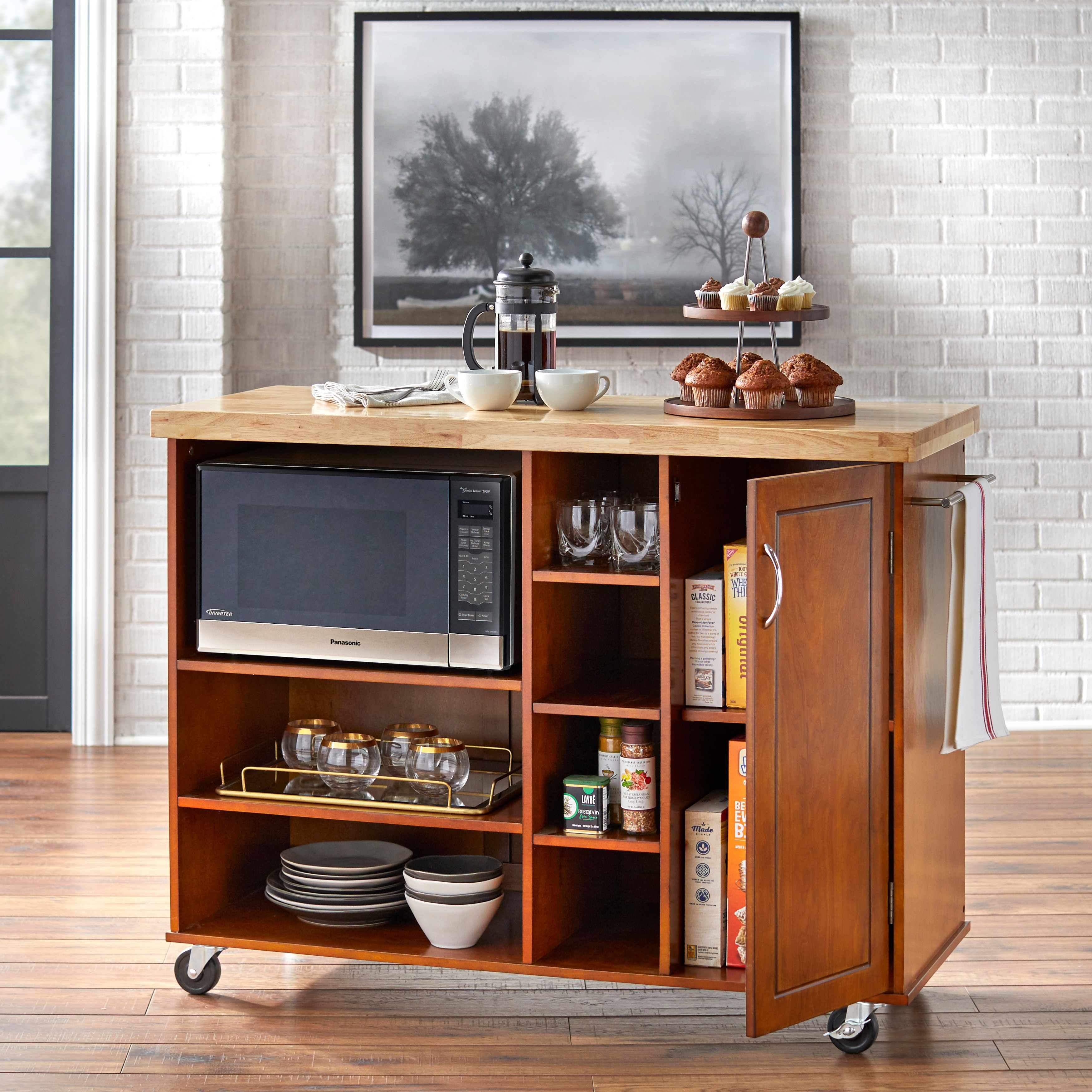 TMS Galvin Butcher Block Rolling Kitchen Cart with Microwave Cabinet, Shelves, and Towel Rack, Walnut - image 3 of 7