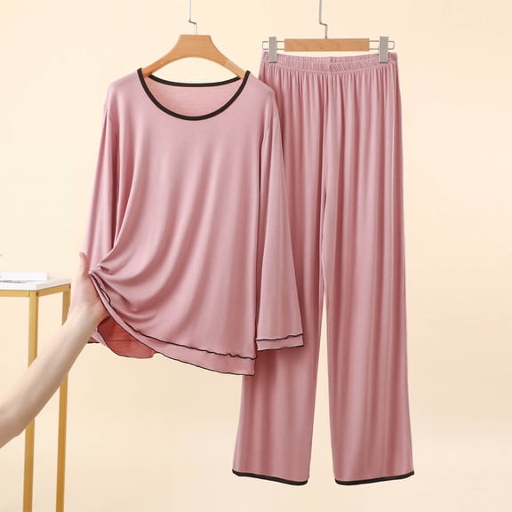 Dressy Pant Suits for a Wedding Womens Soft Loungewear Outfits, Crew Neck Long Sleeve Top Wide Leg Pants, Comfortable Two Piece Home Pajama Set Orange L