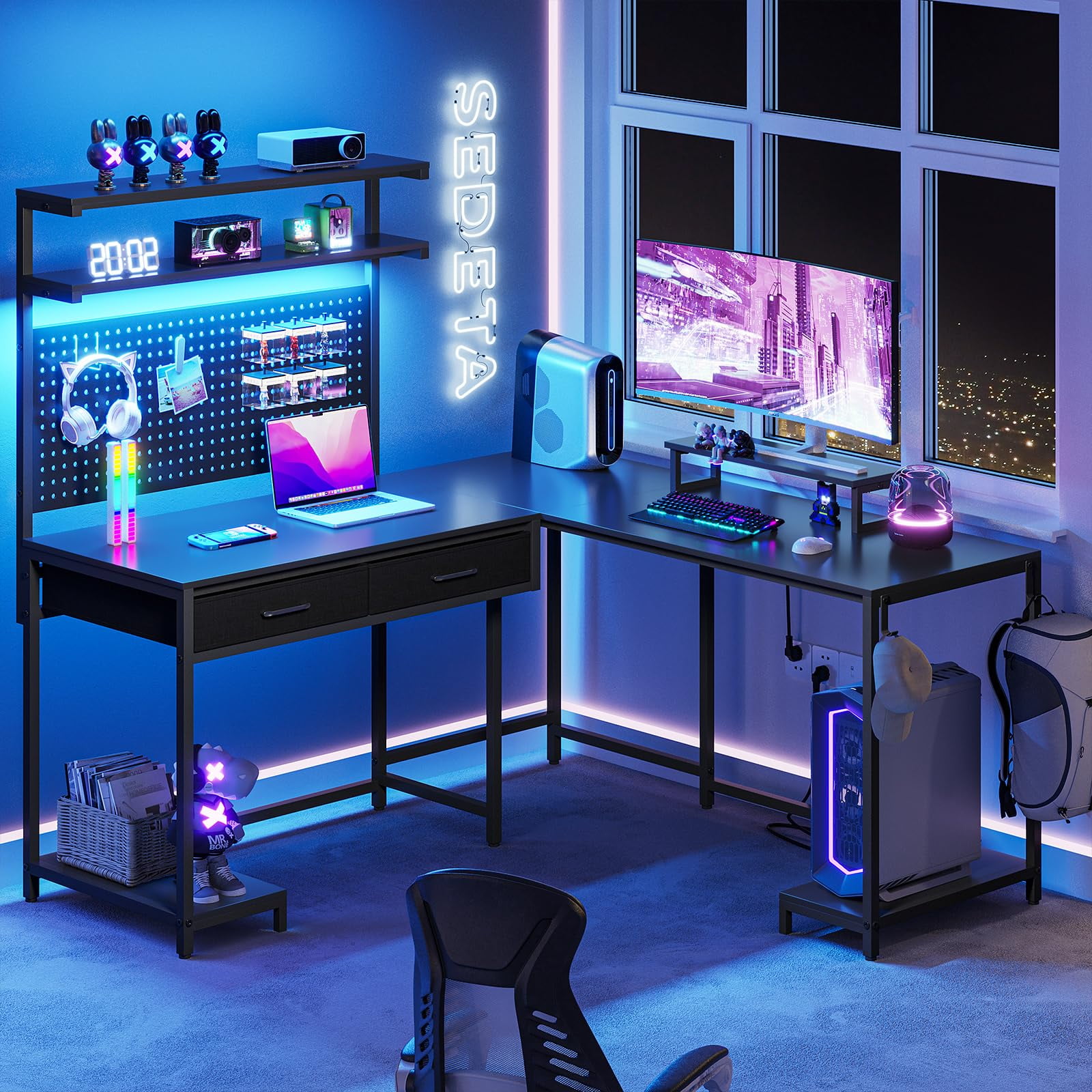 SEDETA L Shaped Gaming Desk with LED Lights and Drawers, Gaming Desk
