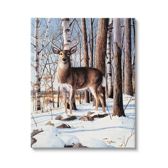 Stupell Industries Deer in Snowy Forest Landscape Animals & Insects Painting Gallery Wrapped Canvas Print Wall Art, 16 x 20