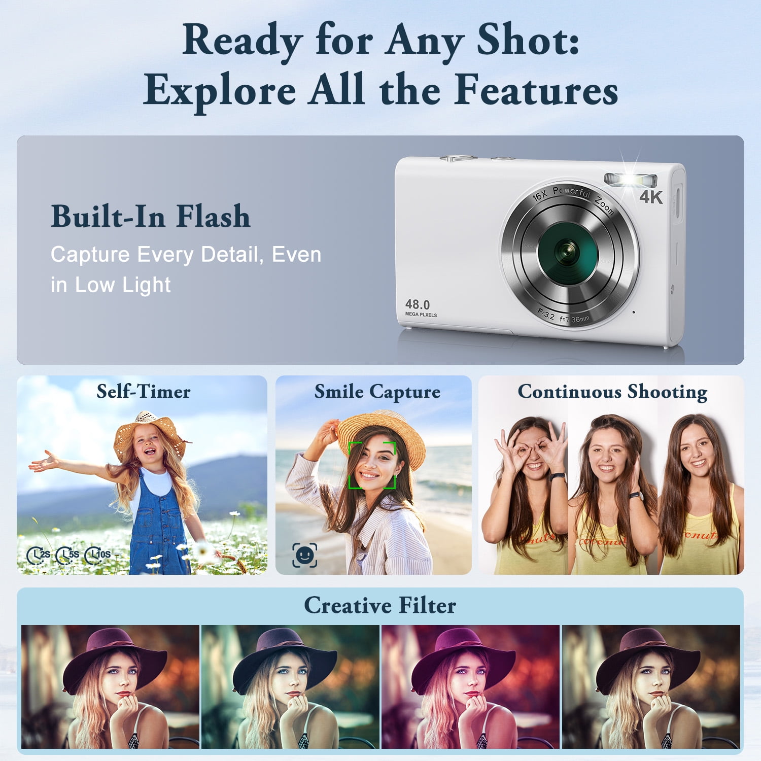 4K Digital Camera,Autofocus Vlogging Camera 48MP 16X Digital Zoom Digital Camera With 32GB Memory Card 2 batteries,Portable Compact Small Camera For Adults Beginners (White)