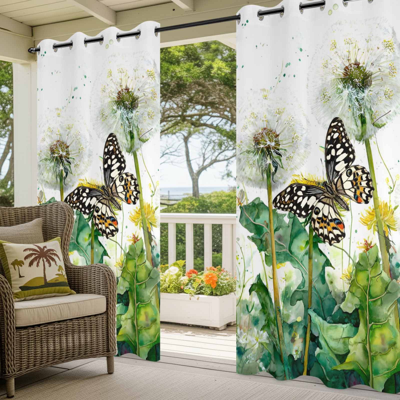 Dandelion Field Outdoor Curtains for Patio, Abstract Yellow Flower Monarch Butterfly Botanical Sunshade Privacy Drapes Grommet Waterproof Outside Curtains for Porch/Cabana/Balcony 54"x 108", 1 Panel