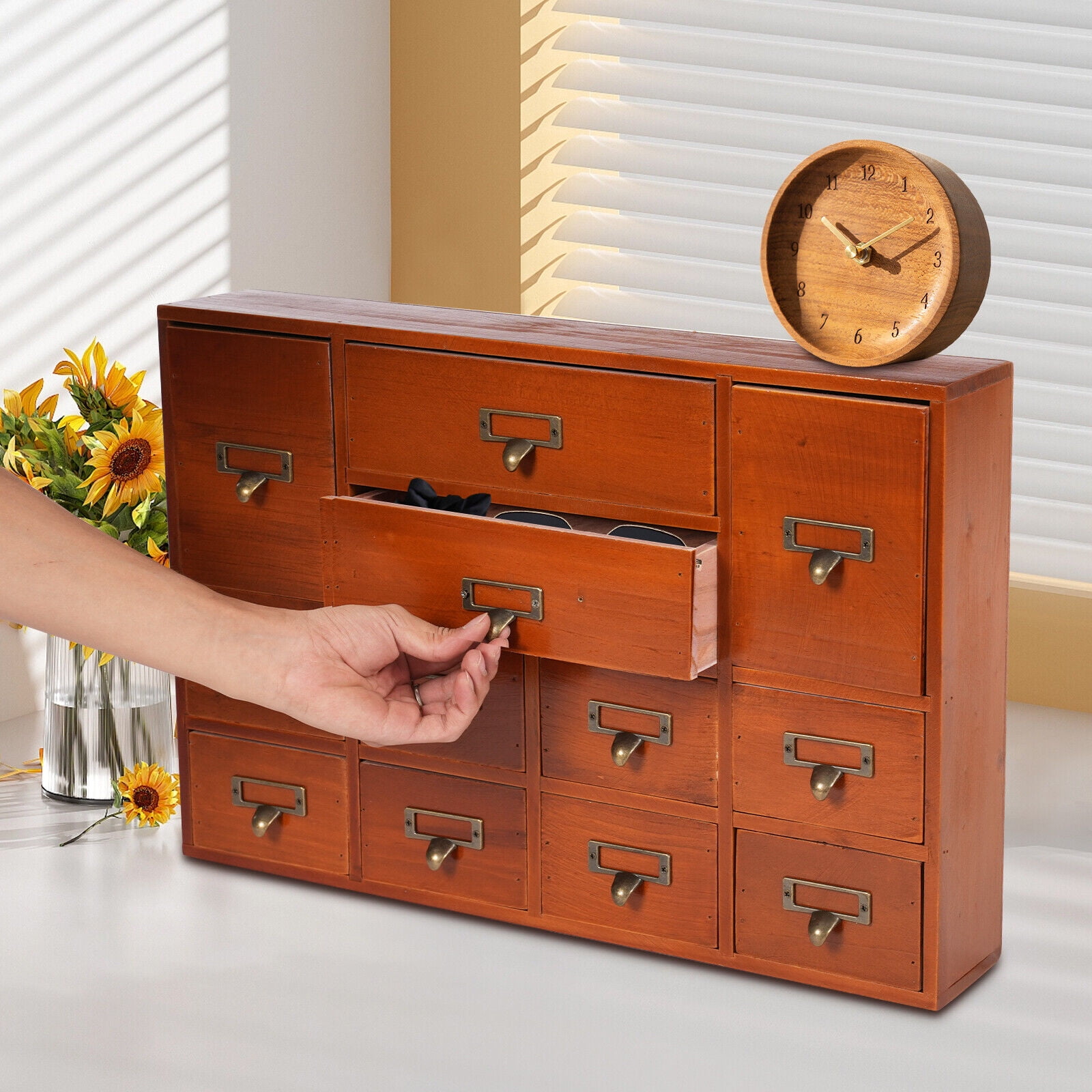 12 Drawers Wooden Desktop Organizer Home Storage Case Cosmetic Dresser Box