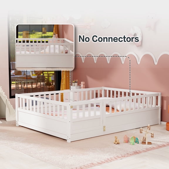 Kumix Full Size Floor Bed, Wood Floor Bed with Fence and Door for Boys/Girls, Floor Bed with Safety Guardrails, Montessori Floor Bed Frame for Bedroom, Easy Assembly, White