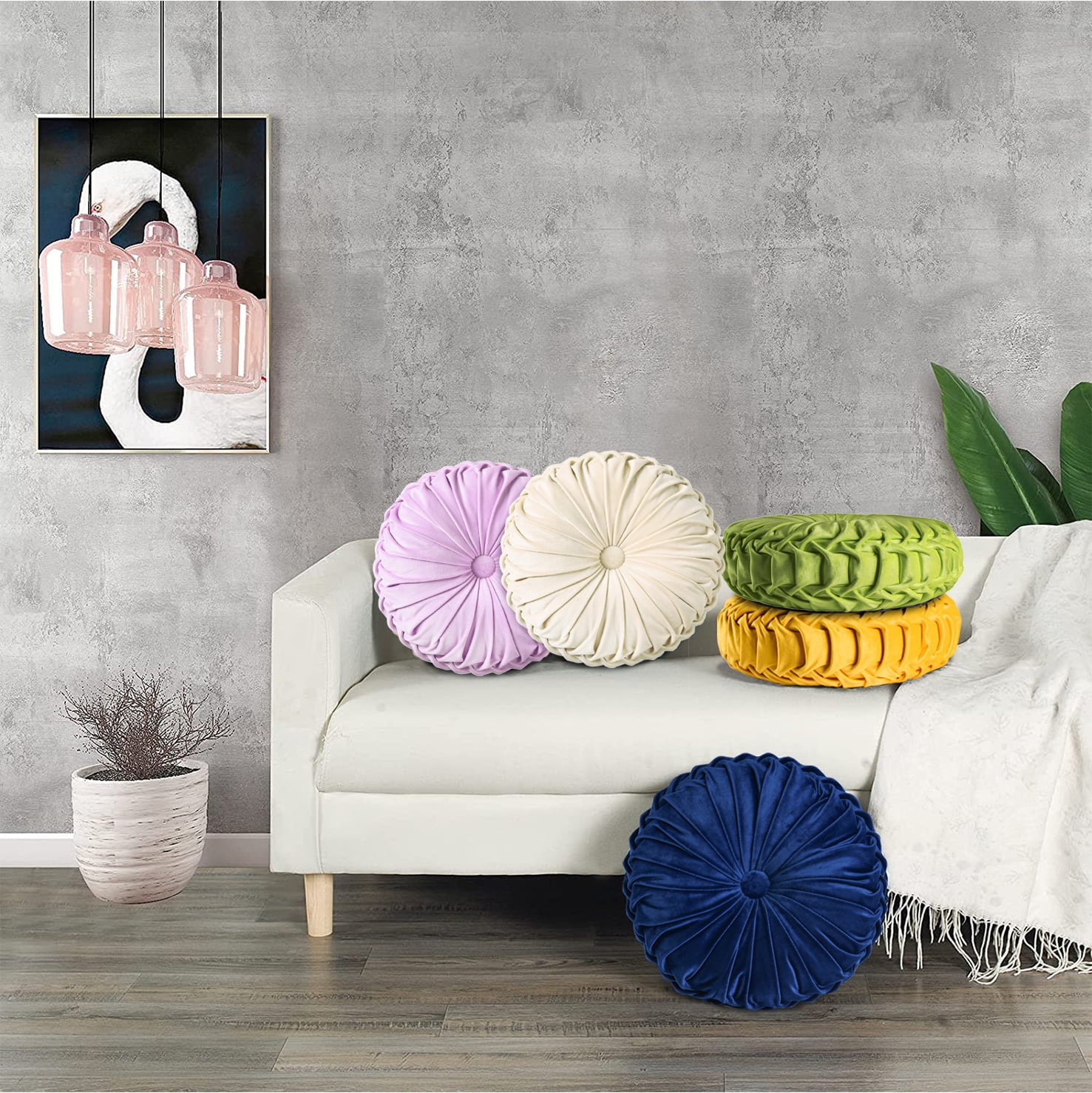 HIG Set of 2 Pumpkin Pleated Round Throw Pillows, Soft Velvet, Beige, 14.5" Diameter