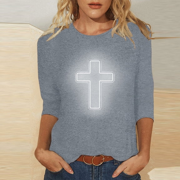DDAPJ pyju Easter 3/4 Sleeve Shirts for Women Plus Size Tops Christian Faith T-shirt Jesus Cross Graphic Tees Loose Casual Round Neck Tee Top Gray XXXXL