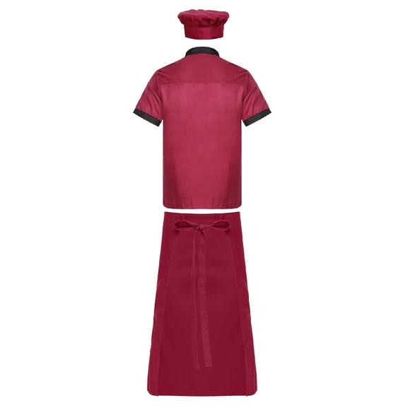 MSemis Short Sleeves Unisex Womens Mens Chef Coat Jacket And Waist Aprons Hat Jackets Caterers Professional Work Wear Burgundy XXL
