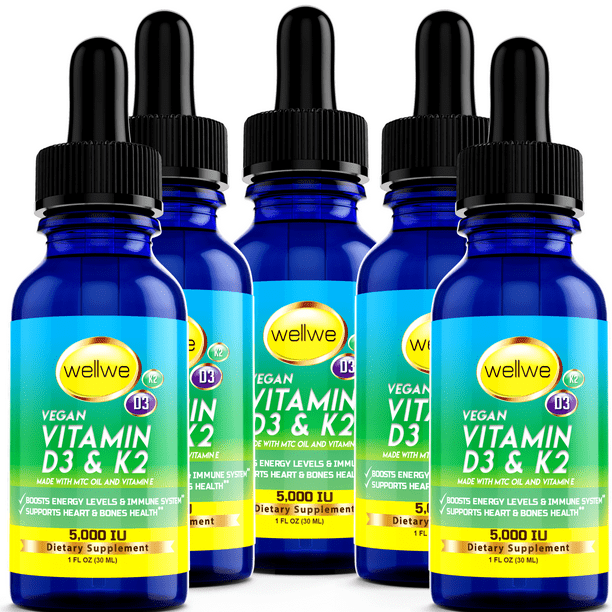 Liquid Vitamin D3 K2 Drops with MCT Oil 5000 IU Vegan, No Taste, No