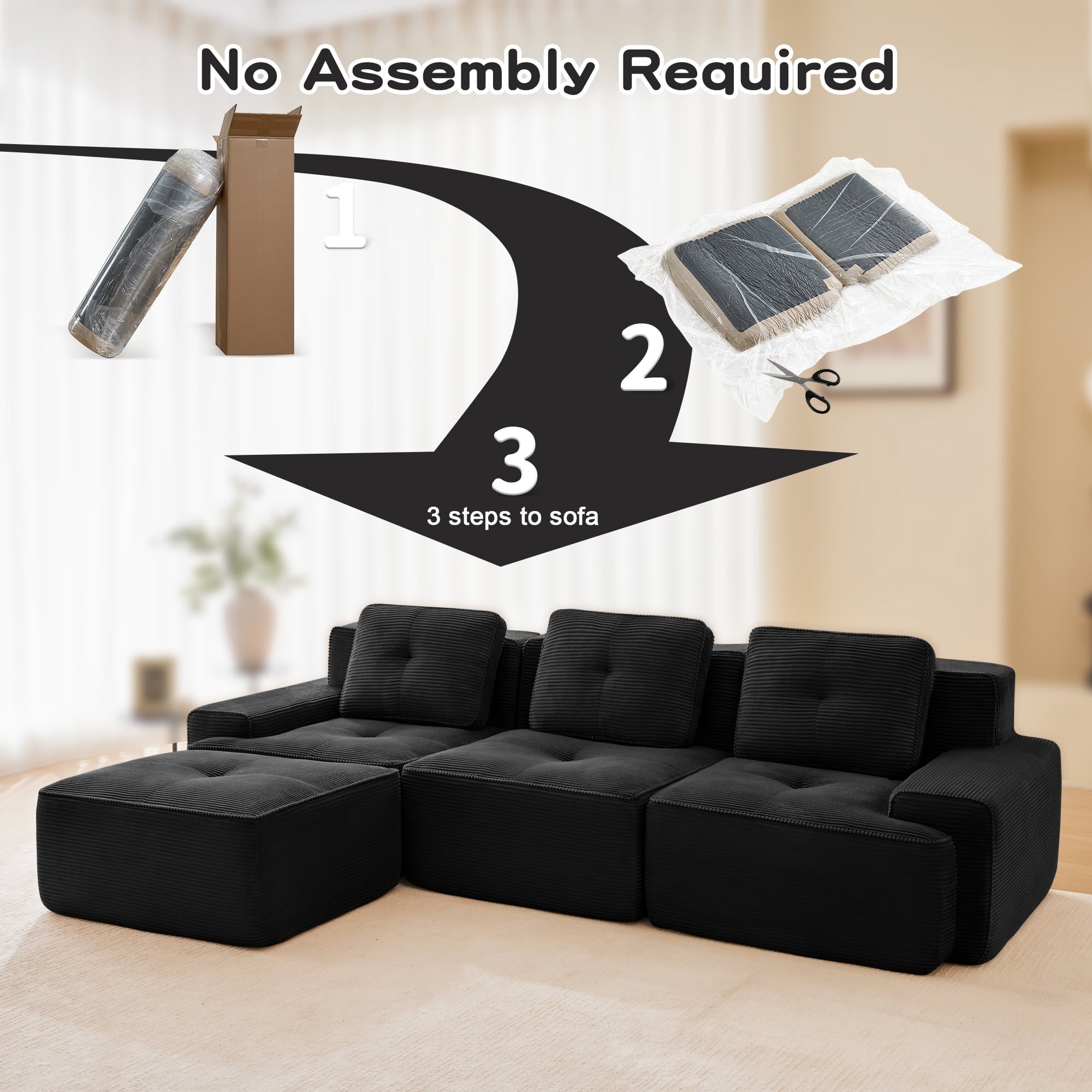 Yoneston 117" L-Shaped Modular Sectional Sofa 3 Seater Couch with Cushions and Ottoman, No Assembly Corduroy Sofa with Deep Seating for Living Room Bedroom Apartment, Black