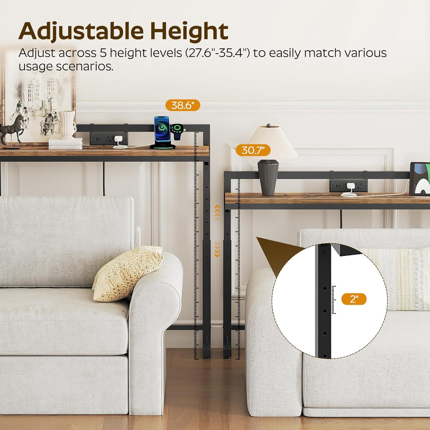 78.7'' Narrow Console Table Adjustable Height 27.6''-35.4'' with Outlet, Long Behind Couch Sofa Table Entryway Table Living Room Rustic Brown
