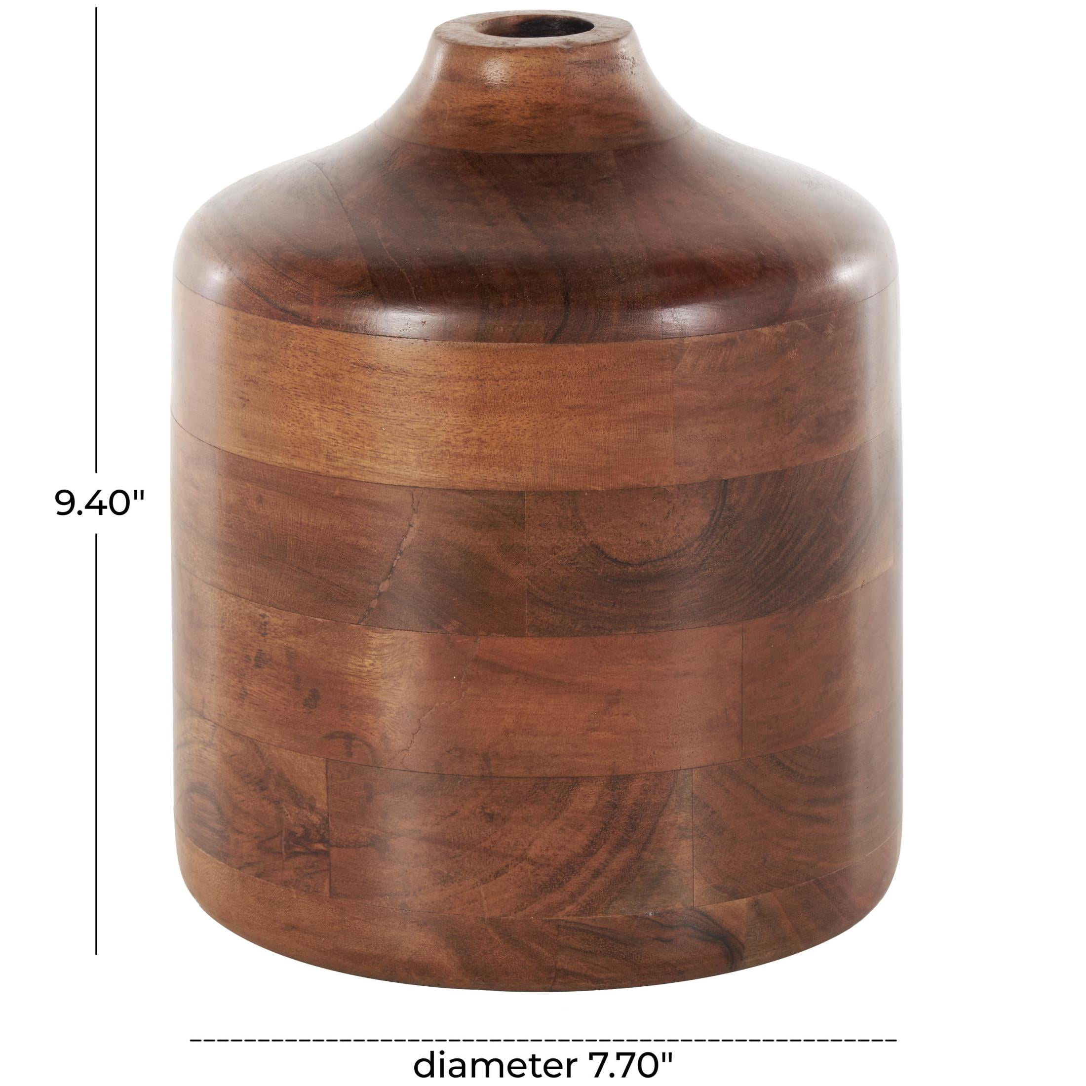DecMode 9" Brown Wood Vase with Mosaic Strips and Natural Wood Grains
