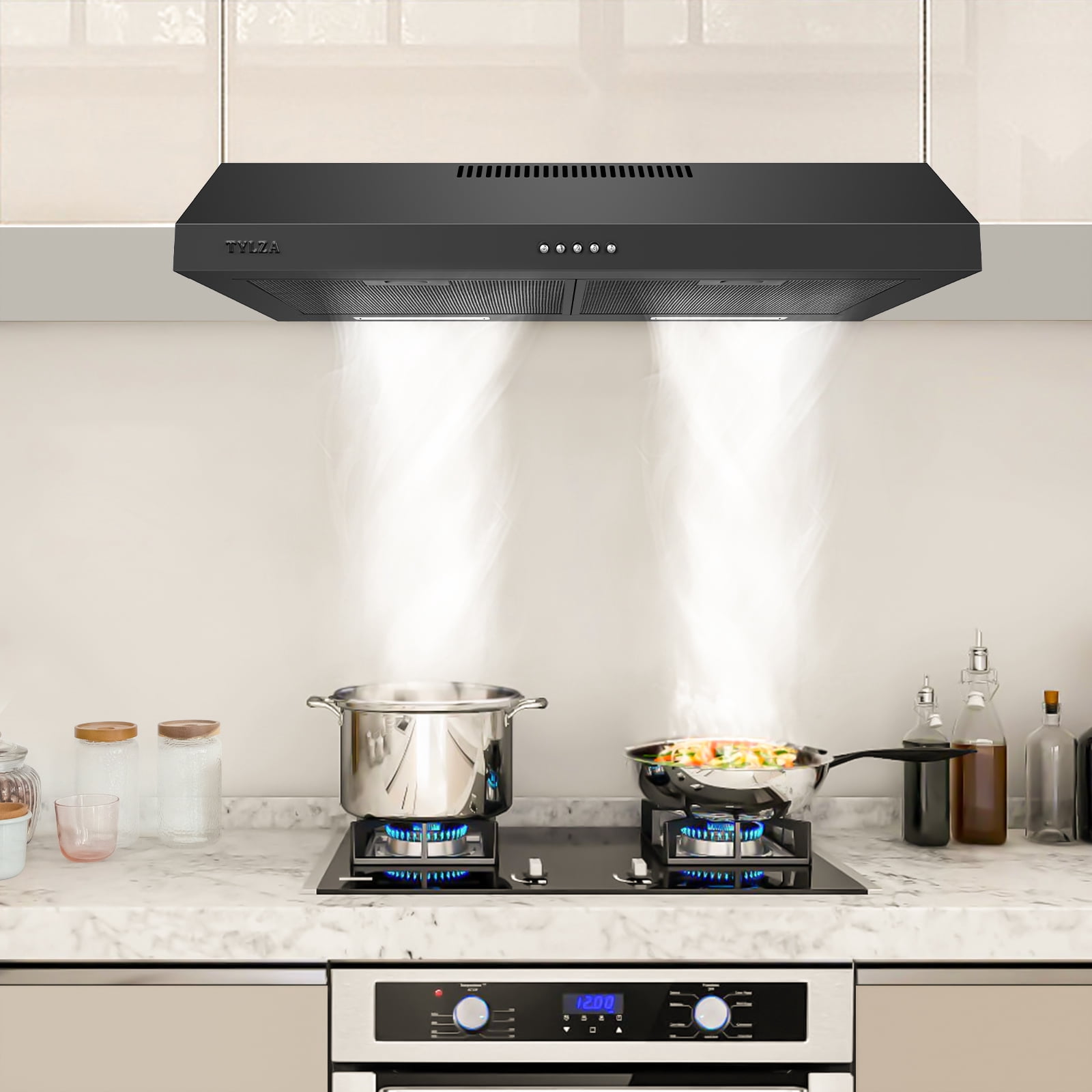 Tylza 30" 600 CFM Stainless Steel Kitchen Under Cabinet Range Hood with 2 x 2W LED Lights and 2 Replacement Charcoal Filter