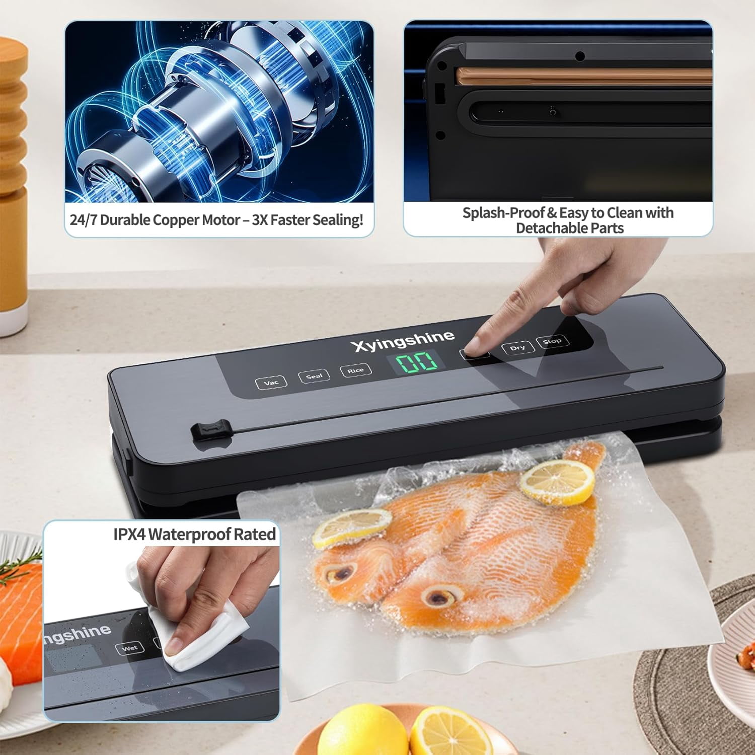 USIONE Storage Vacuum Sealer Machine- 75 Kpa 6-in-1  Compact Vacuum Sealer for Food with Digital Timer, Dry/Moist Food Modes & 100 Bags, Built-in Cutter (Sliver)