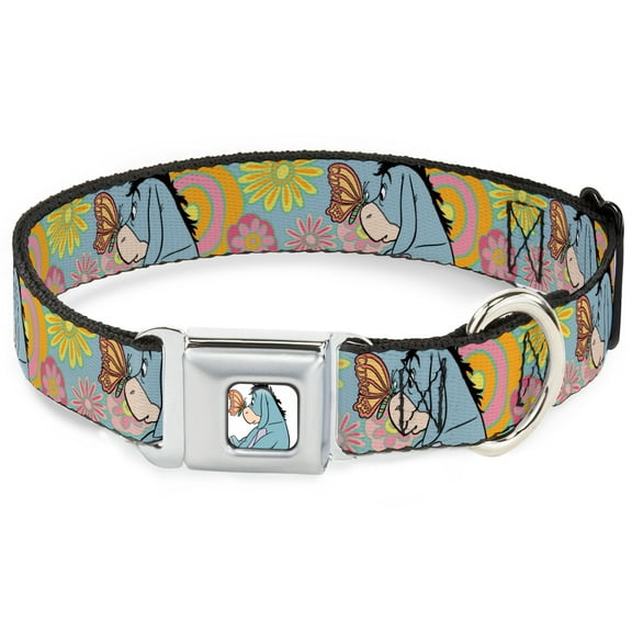 Disney Pet Collar, Dog Collar Metal Seatbelt Buckle, Winnie the Pooh Eeyore Butterfly Pose Floral Collage Blue, 9.5 to 13 Inches 1.0 Inch Wide