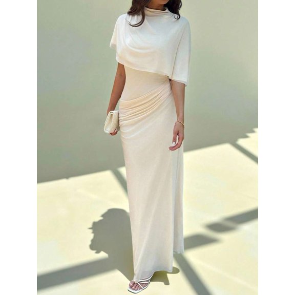 Apricot Elegant Cowl Neck Ruched Waist Maxi Dress, Minimalist Long Dress For Work Date Vacation