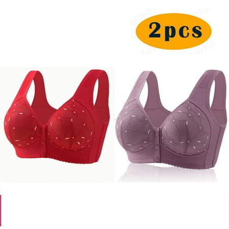 Crunowin 2Pc Bra For Seniors Front Closure for Women  Soft Casual Bra Plus Size Wire Free Lingerie Purple L