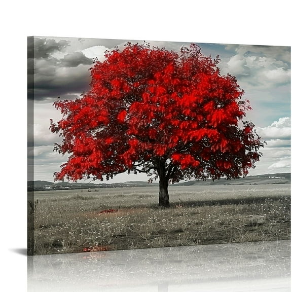 JRXY Living Room Wall Decor Red Tree Black and White Wall Art Nature Scenery Paintings Canvas Prints Modern Home Office Bedroom Artwork Decorations Red Bathroom Accessories Framed 20x16in