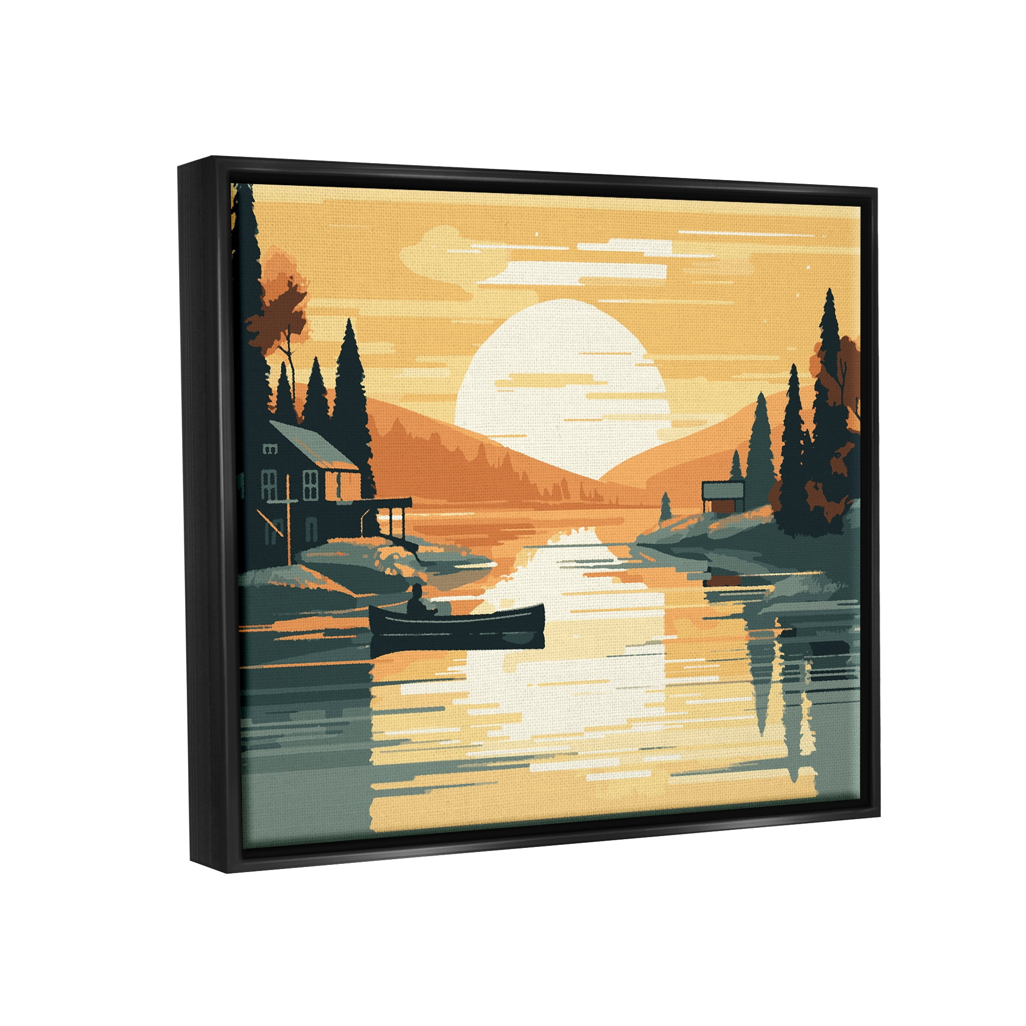 Stupell Industries Sunrise Lake Scenery Landscape Painting Black Floater Framed Canvas Art Print Wall Art, 21 x 17