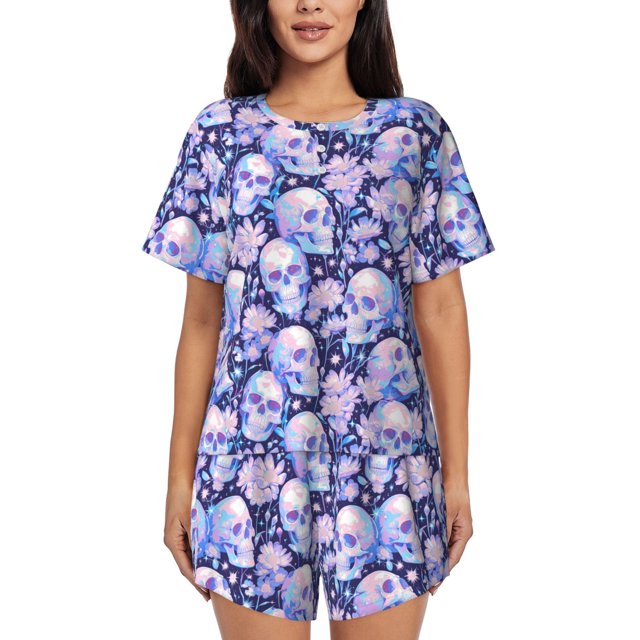 Xecao Skull star crystal Pattern Women's Short Sleeve Pajama Set Soft Sleepwear Lounge Set with Button Front Top and Drawstring Shorts with Pockets-X-Large