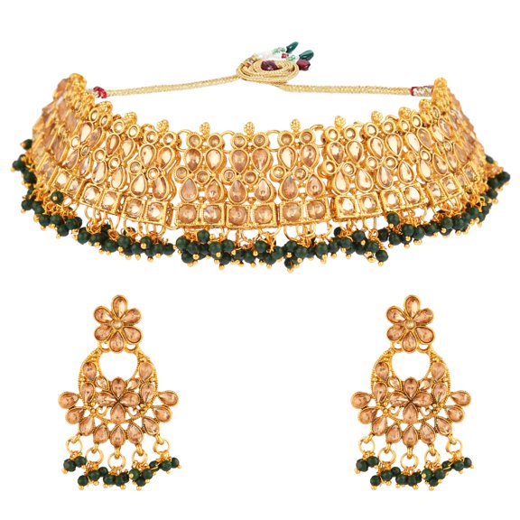 Efulgenz Indian Bridal Jewelry for Women Wedding Green Traditional Kundan Crystal Faux Pearl Choker Necklace Big Dangle Chandbali Earrings Bollywood Jewelry