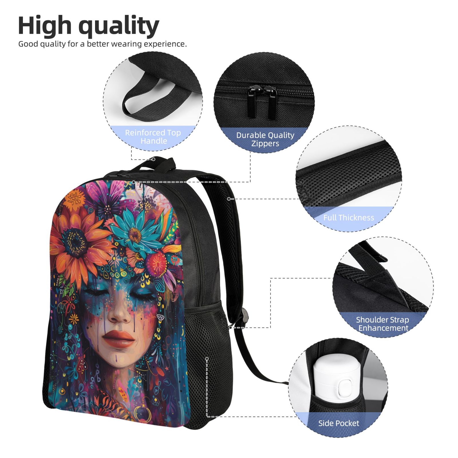 Xecao Bohemian Colorful Flower Woman Print School Backpack with Laptop Compartment Small Travel Laptop Backpack for Women Men Waterproof College Backpack Simple School Bag