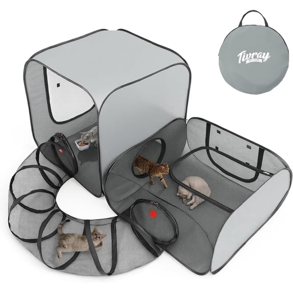 Tivray Cat Playpen, 3-in-1 Pop-up Outdoor Cat Enclosure with 2 Rooms 1 Tunnel, Breathable Pet Playpen for Indoor Outdoor Use, Portable Catio Tent with Carry Bag for Kitten Rabbit Small Animals, Gray