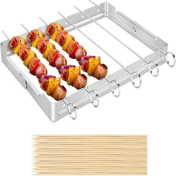 Stainless Steel BBQ Shish Kabob Set, Foldable Shish Kabob Holder with Skewers, Reusable Grill Rack, Comes with Bamboo Skewers for Party and Cookout