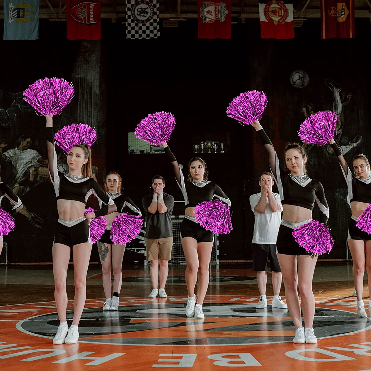LINLIN 12Pcs Metallic Cheerleading Pom Poms with Cozy Handle, Adorable Cheerleader Pompoms Hand Flowers for Kids Adults Ball Dance Sports Team Spirit Cheering Fancy Dress Night Party
