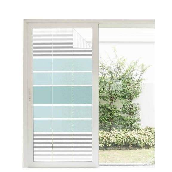 Window Privacy Film Aqua Ombre Stripes Stained Glass Window Film Decorative Sun Block Window Cover Modern Abstract Stripes Aesthetic Window Clings Static Adhesive Sticker for Bathroom 35.4"x78.7"