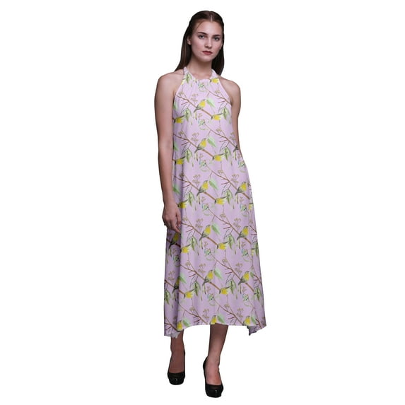 Bimba Bird Printed Women Backless Halter Neck Summer Holiday Beach Dress-Small