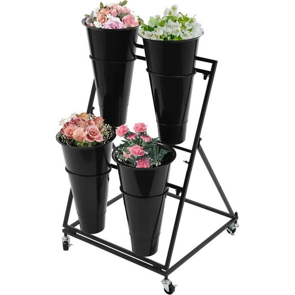 Moving Flower Bucket Stand with Wheels, Metal Flower Display Stand for Store Patio Garden (2-Tier Black with 4 Buckets)