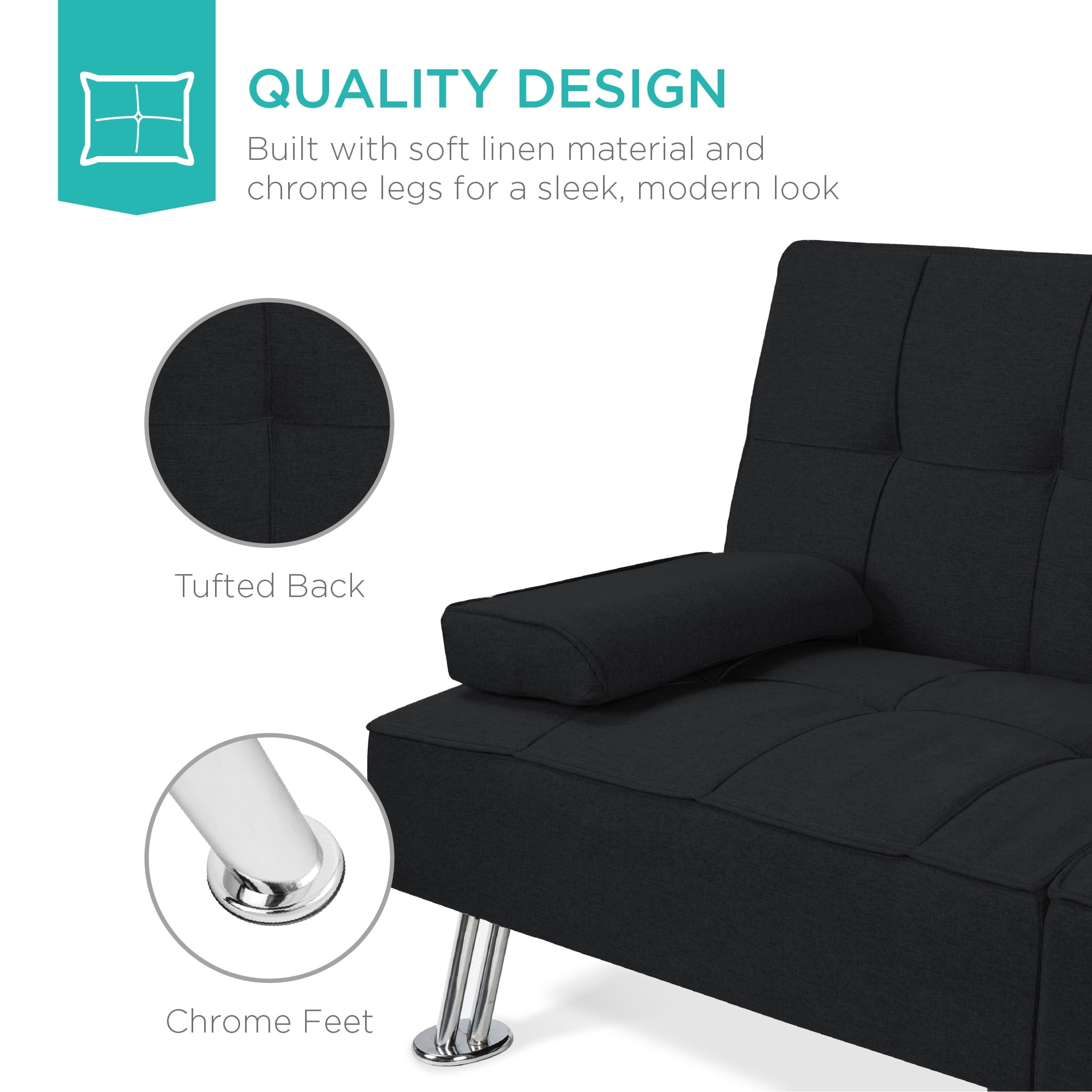 Best Choice Products Modern Linen Convertible Futon Sofa Bed w/ Removable Armrests, Metal Legs, Cupholders - Black