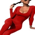 thumbnail image 2 of Women Long Jumpsuit Solid Color Long Sleeve U Neck Slim Bodysuit, 2 of 7