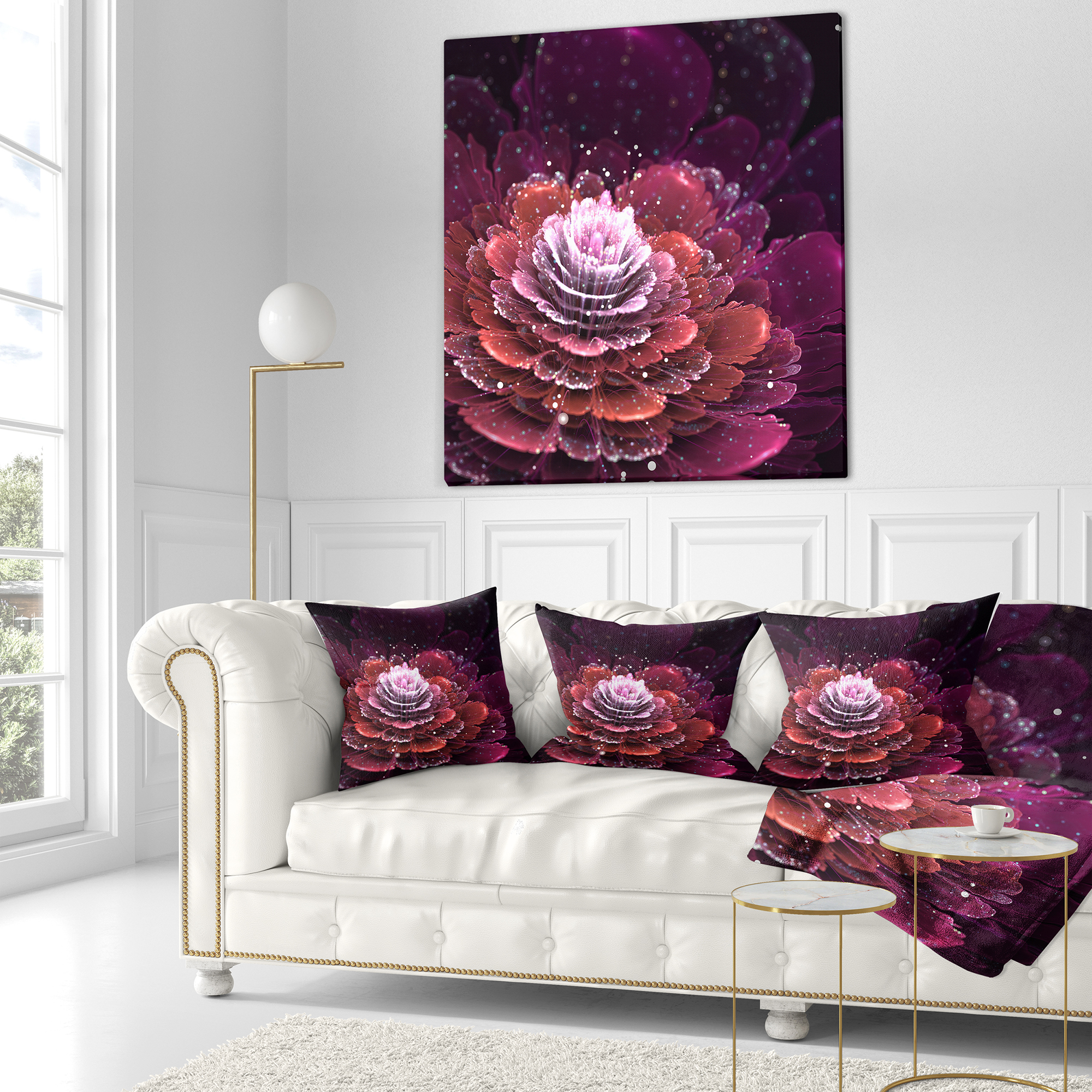 Designart Fractal Flower Red and White - Floral Throw Pillow - 18x18