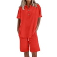 thumbnail image 4 of Short Sets for Women 2 Peice Outfits Short Sleeve Cotton Linen Shirts Matching Wide Leg Shorts Comfy Breathable Summer Outfits, 2XL, 4 of 7