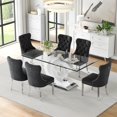 thumbnail image 2 of 7-Piece 70" Glass Dining Table Set, Tempered Glass Top with OC Shape Frame & Stainless Steel Base, 6 Velvet Chairs with Stainless Steel Legs, 2 of 7