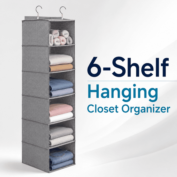 MORAVE Grey 6 Shelf Large Hanging Sweater Organizer for Closet, Collapsible Hanging Closet Shelves with Drawers, Washable Storage Solution