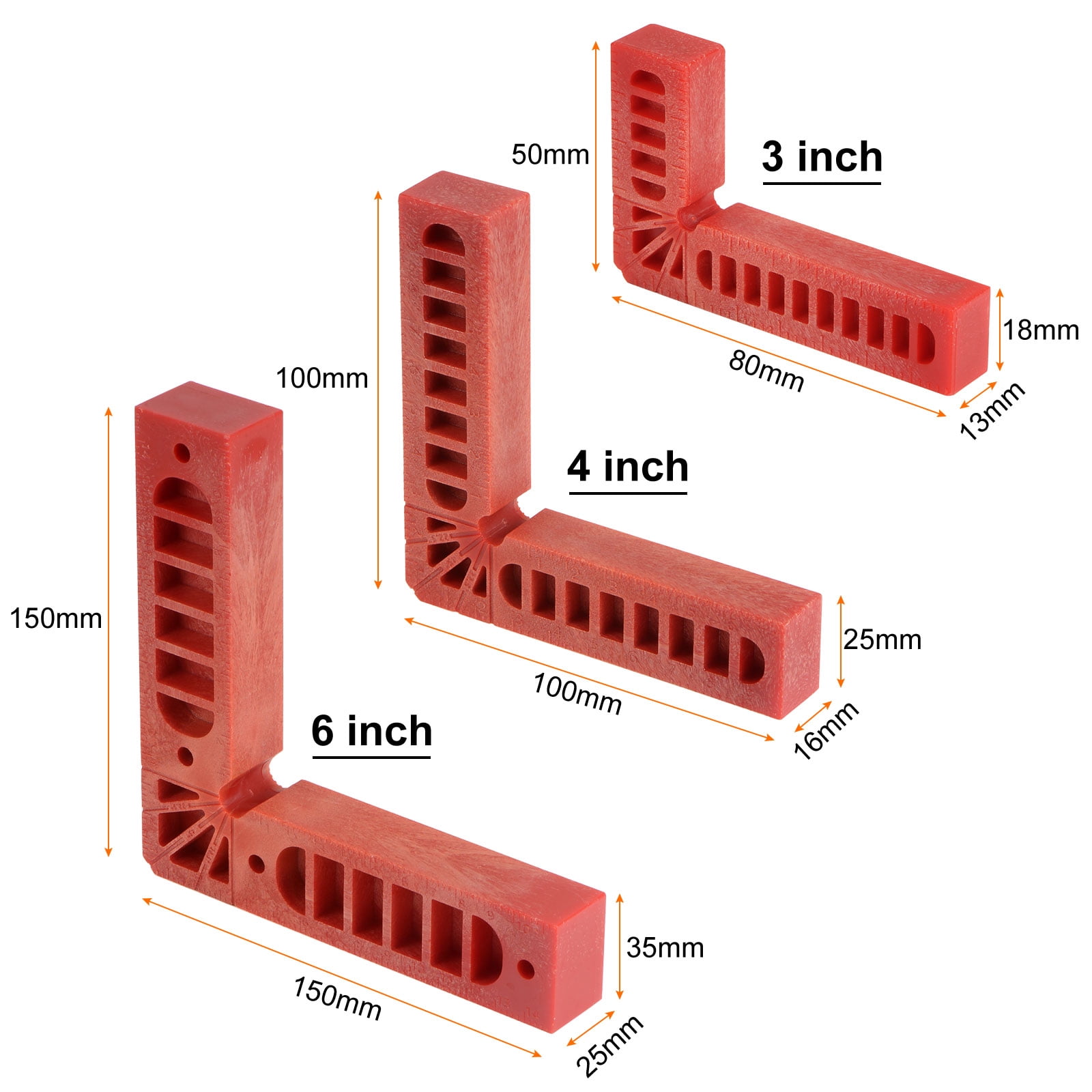 6 Packs Positioning Squares Set Right Angle Clamps 3/4/6 Inch (80/100/150mm) 90 Degree Corner Clamp, Red