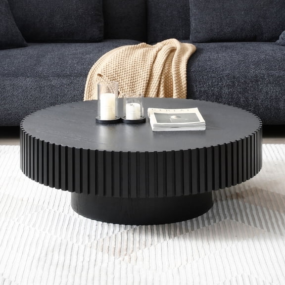 Kevinplus 35.43'' Modern Round Wood Coffee table with Sturdy Pedestal for Apartment, Living Room, Black