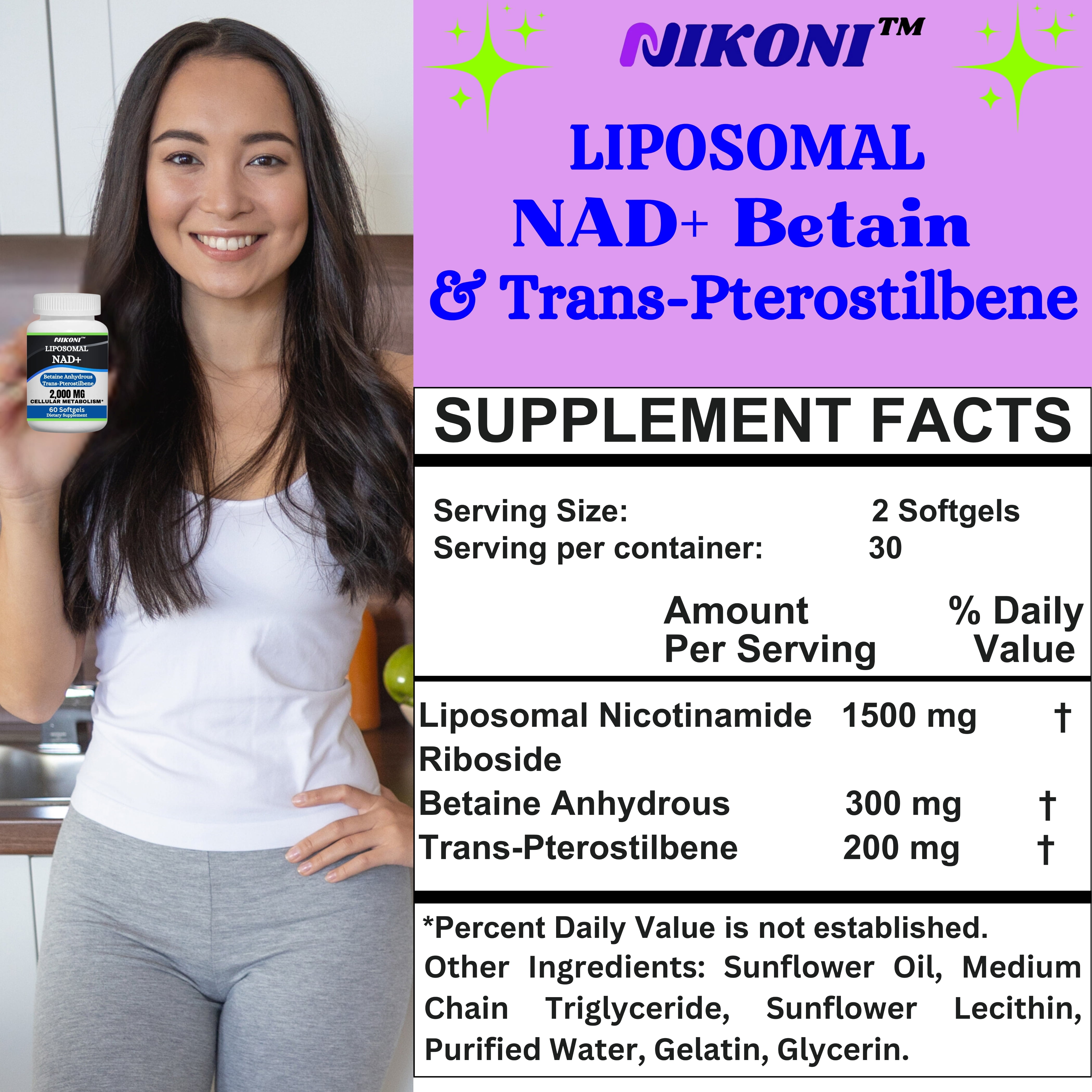 Nikoni Liposomal NAD+ Supplement, 2000 mg NAD with Betaine, Supports Cellular Energy & Metabolism – 60 Softgels