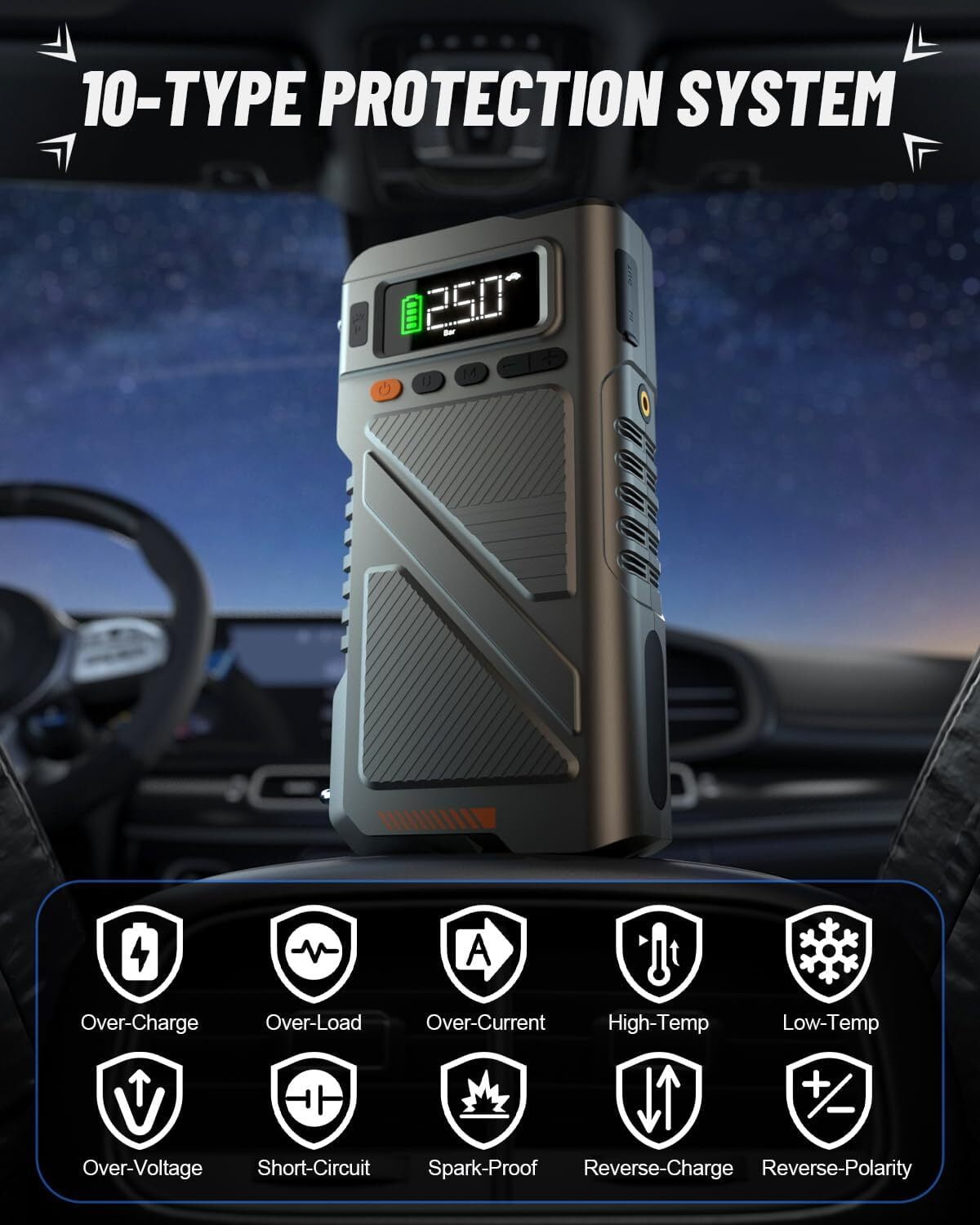 Pabulum 9000A Car Battery Jump Starter (for All Gas or up to 12L Diesel) Powerful Jumper Box with 150PSI Air Compressor and Smart Charger, 12V Vehicle Power Pack with Extended Cable and LED Light