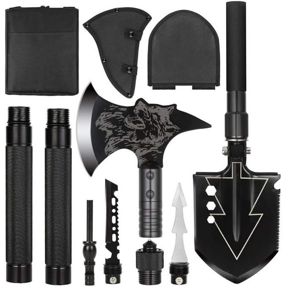 LIANTRAL Camping Shovel Axe Set- Folding Portable Multi Tool Survival Kits with Tactical Waist Pack, Camping Axe Military Shovel Black